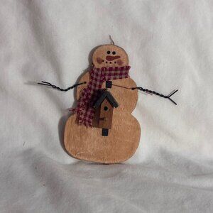Rustic Primitive Vintage Snowman Ornament with Birdhouse